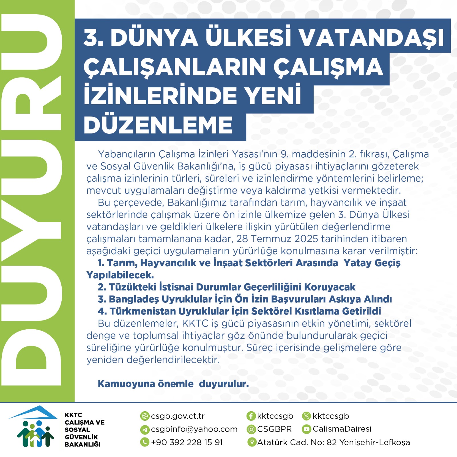 Çalışma Bakanlığı, üçüncü ülke çalışanların çalışma izinlerine yeni düzenleme getirdi